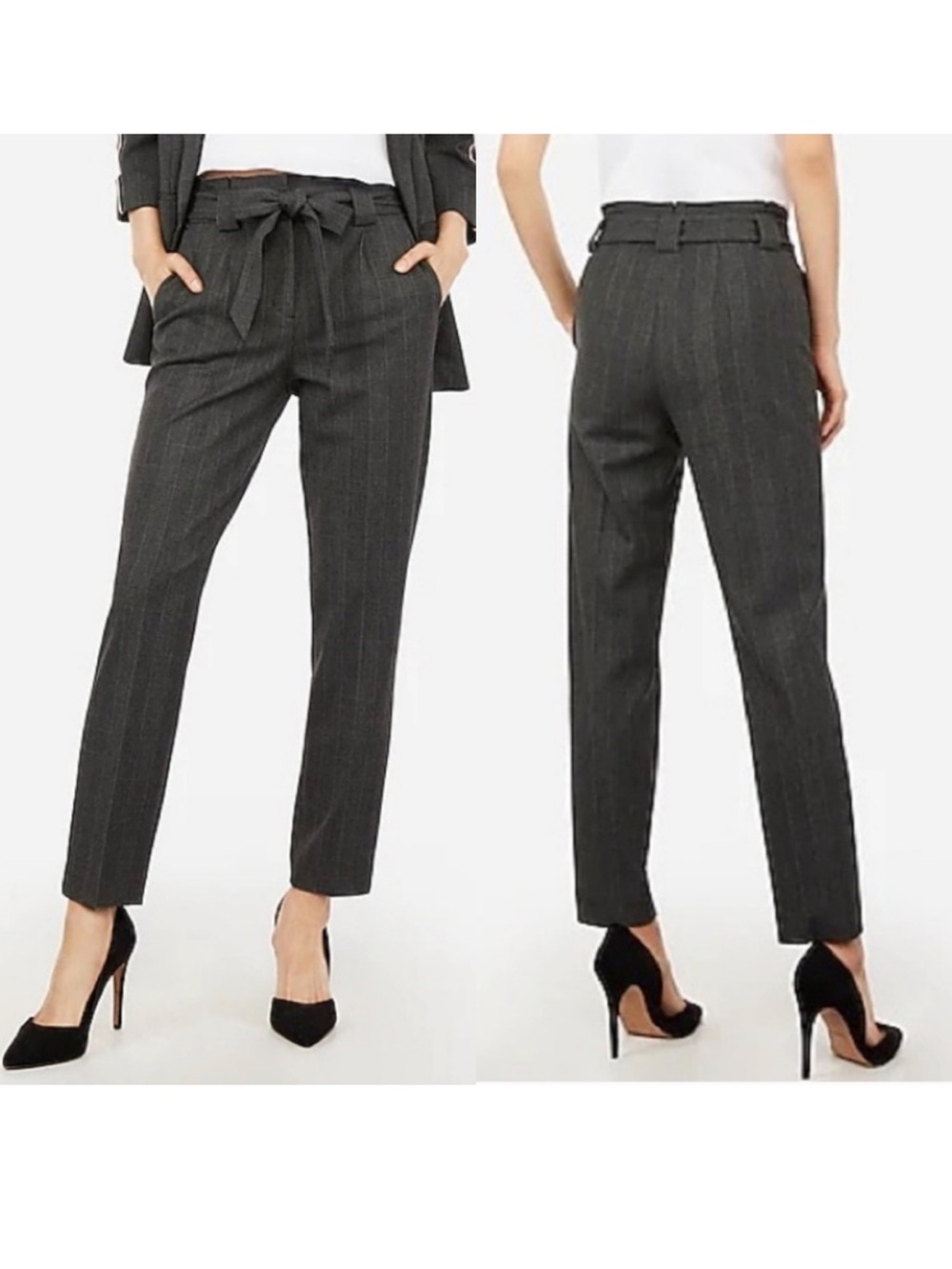 Express Ankle High Rise Dress Pants NWT Paper Bag Waist Plaid Gray Womens 10S